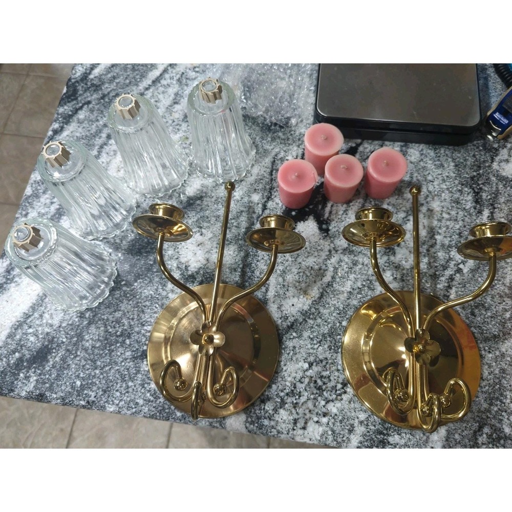 2 Vintage Homco Brass Double Candle Wall Sconces With 4 Glass Candle Cups
